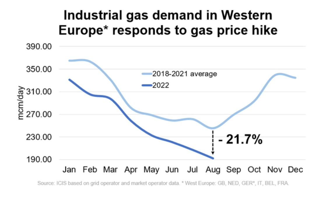 Graf 10 - Pokles spotreby plynu v západoeurópskom priemysle do leta už prekročil 20 percent oproti priemeru rokov 2018 – 2021 Graf 10 - Pokles spotreby plynu v západoeurópskom priemysle do leta už prekročil 20 percent oproti priemeru rokov 2018 – 2021