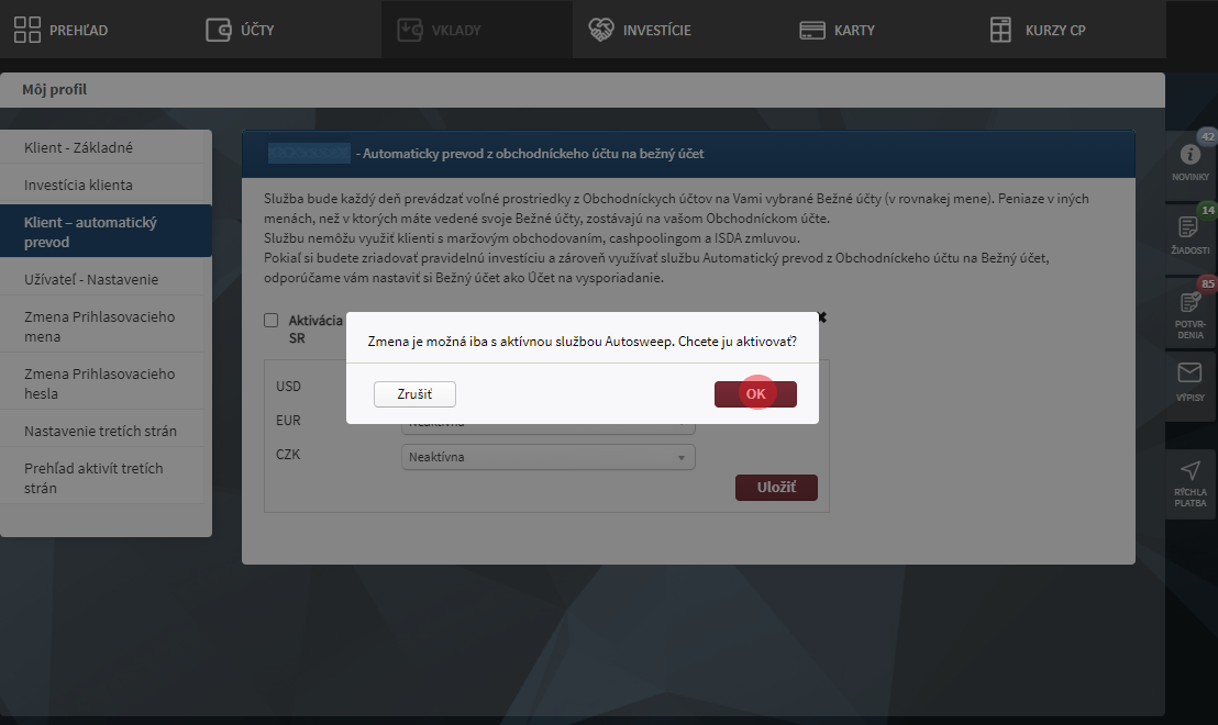 Nastavenie automatického prevodu prostriedkov z Obchodníckych účtov